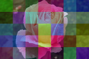 Photo with colored tiles, with superimposed semi-transparent squares in different colors